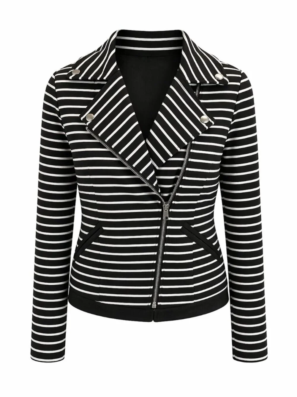 Bagatelle Black/White Striped Moto Jacket Stretch Lined Zip Front Women’s Large